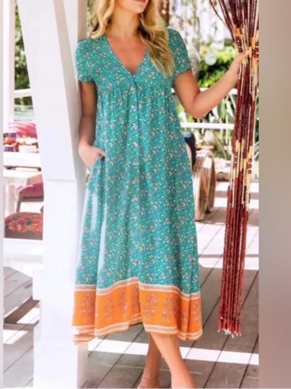 Natural Life Avery Midi Dress Floral Boho V-neck Pockets Turquoise Orange XS - Picture 5 of 15